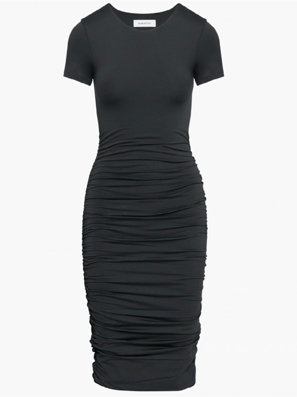 Babaton Aritzia Black Ruched Short-Sleeve Midi Dress